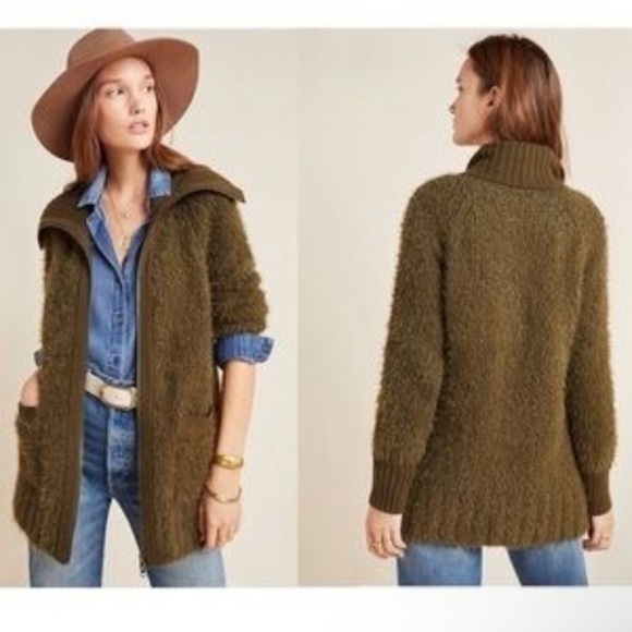 Anthropologie Bethenny Zip-Front Cardigan size S knit jacket olive green - Picture 4 of 13